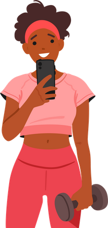 Mujer en el gimnasio con mancuernas tomando selfie  Illustration