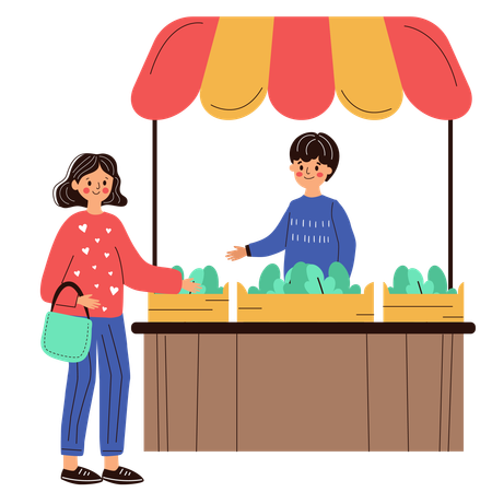 Mujer en el mercado compra verduras  Ilustración