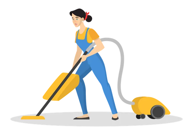 Mujer en el piso de limpieza uniforme usando aspiradora  Ilustración