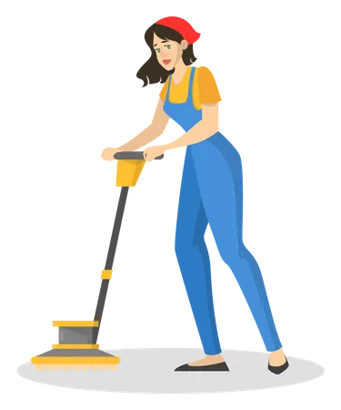 Mujer en el piso de limpieza uniforme usando aspiradora  Ilustración
