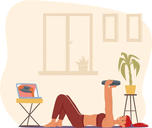 Mujer en forma haciendo ejercicio con peso en casa  Ilustración