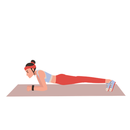 Mujer en forma haciendo plancha sobre una colchoneta de yoga en casa para fortalecer y tonificar el cuerpo.  Ilustración