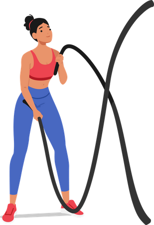 Mujer en forma realiza un entrenamiento vigoroso con cuerda de batalla  Ilustración