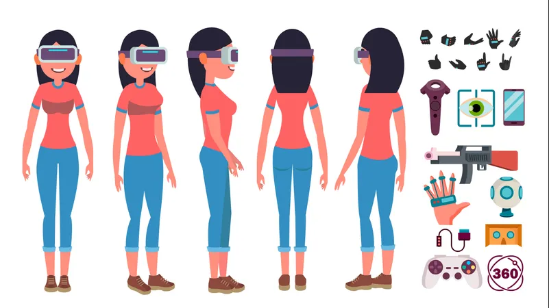Mujer En Vector De Gafas De Realidad Virtual Poses Juego 360 Ilustracion Plana Ilustración