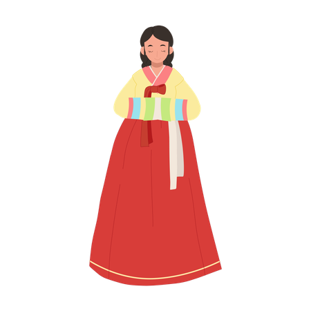 Mujer en hanbok coreano saludando a la gente  Ilustración