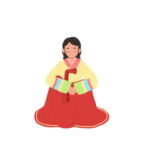 Mujer en hanbok coreano saludando a la gente  Ilustración