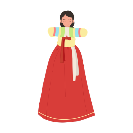 Mujer en hanbok coreano saludando a la gente  Ilustración