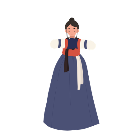 Mujer en hanbok coreano saludando a la gente  Ilustración