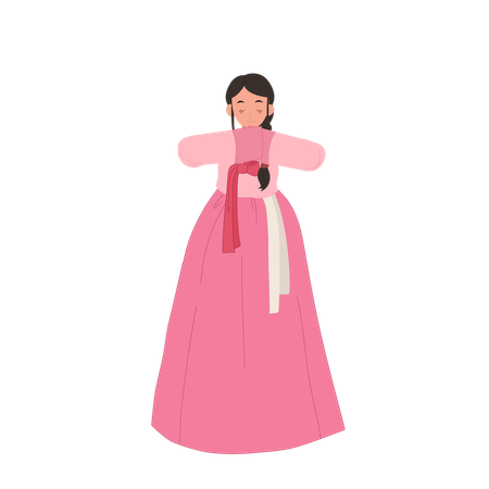 Mujer en hanbok coreano saludando a la gente  Ilustración