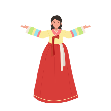 Mujer en hanbok presentando con orgullo la elegancia cultural.  Ilustración