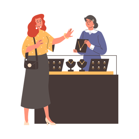 La mujer en la joyería elige las joyas y el cajero frente al mostrador con cadenas  Illustration