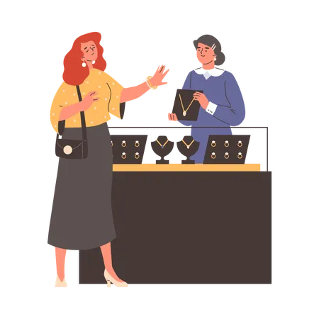 La mujer en la joyería elige las joyas y el cajero frente al mostrador con cadenas  Illustration