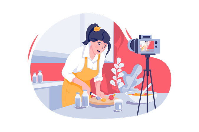 Mujer en la cocina grabando comida haciendo recetas en cámara  Ilustración