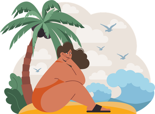 Mujer en la playa sola  Ilustración