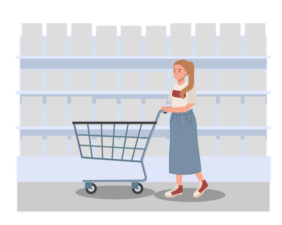 Mujer en la tienda con carrito de compras  Ilustración