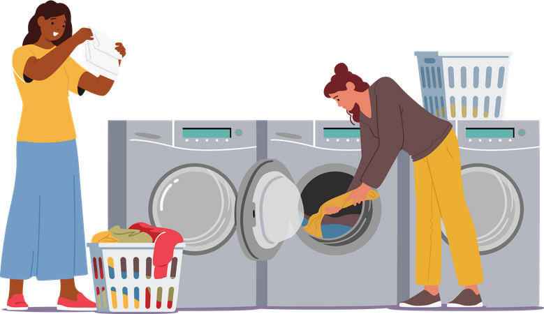 Mujer en lavandería pública de autoservicio  Ilustración