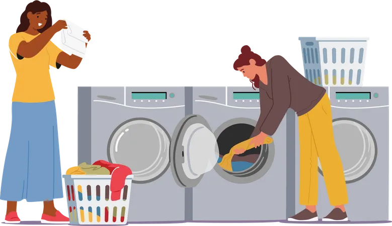 Mujer en lavandería pública de autoservicio  Ilustración