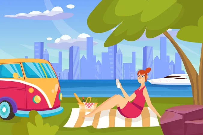 Mujer en picnic al aire libre  Ilustración