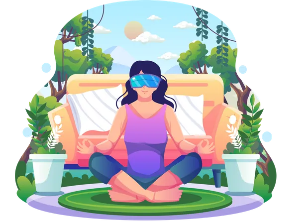 Una Joven En Postura De Loto Con Gafas VR Practica Yoga Y Meditacion En Simulacion De La Naturaleza En Casa Tecnologia De Realidad Virtual Para La Salud Fisica Y Mental Ilustracion De Vector Plano Ilustración