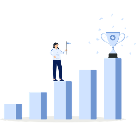 Mujer en progreso pasos alcanzando logro trofeo meta empresarial  Ilustración