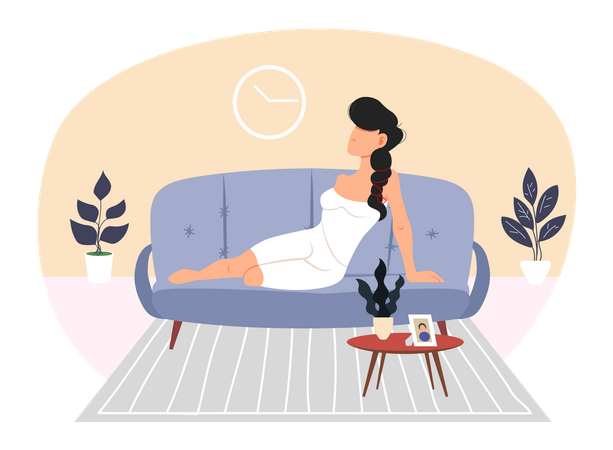 Mujer en ropa de dormir se encuentra en el sofá  Ilustración