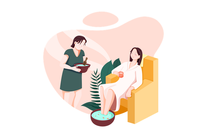 Mujer en el salón de spa, chica tumbada en el sofá, masajista prepara masajes al cliente en una acogedora habitación  Ilustración