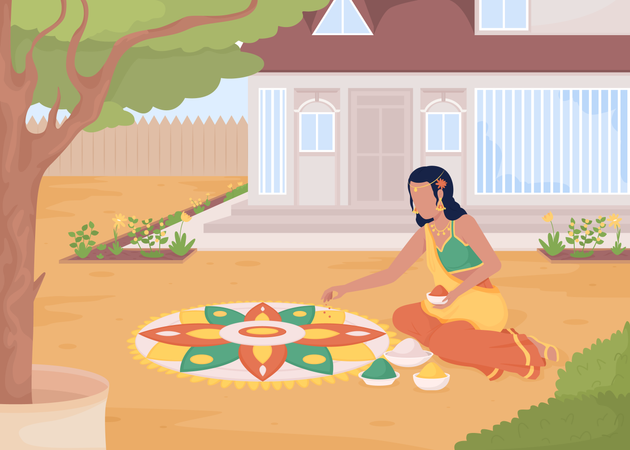 Mujer en sari haciendo patrón rangoli  Ilustración