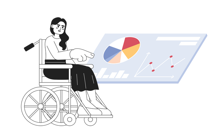 Mujer en silla de ruedas tocando la pantalla virtual  Ilustración