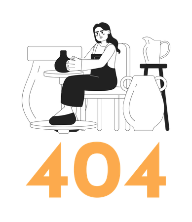 Mujer en taller de cerámica y mensaje flash de error 404  Ilustración