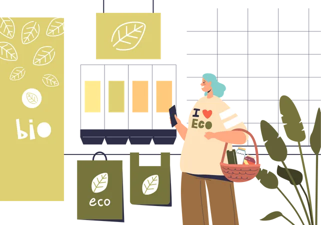 Mujer En Una Tienda De Comestibles Ecologicos Comprando Productos Alimenticios En Envases Reutilizables Respetuosos Con El Medio Ambiente Cuidado Del Medio Ambiente Y Concepto De Cero Residuos Ilustracion De Vector Plano De Dibujos Animados Ilustración