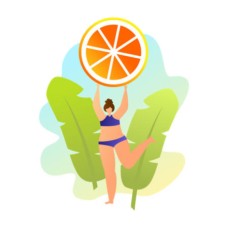 Mujer en traje de baño posando con naranja sobre fondo de hojas verdes  Ilustración