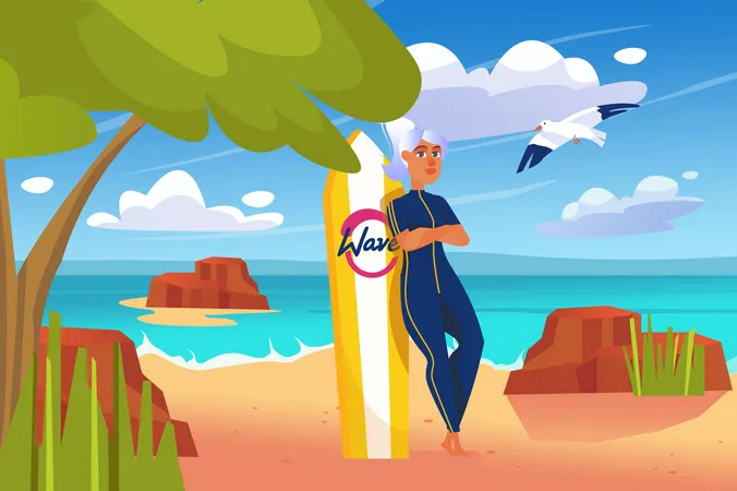 Mujer en traje de baño se encuentra junto a la tabla de surf  Ilustración