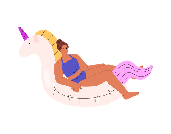 Mujer en traje de baño sobre unicornio inflable  Ilustración