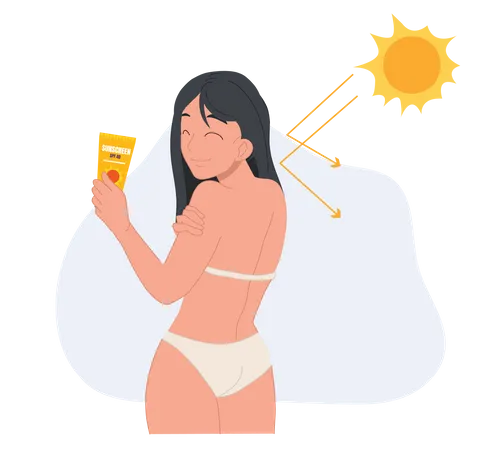 Mujer en traje de baño con crema solar  Ilustración