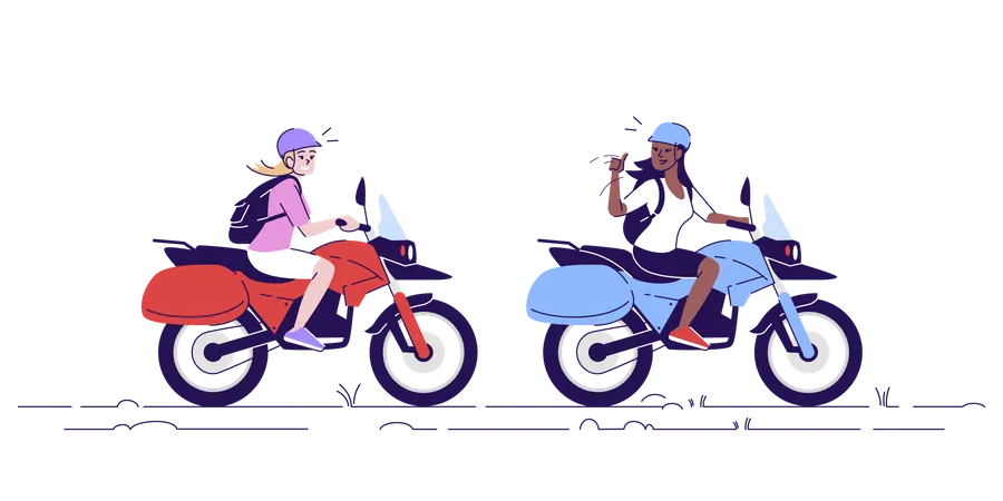 Dos Mujeres En Motocicletas Turistas En Bicicleta Mujer Que Utiliza Transporte Local Con Guia Ilustración