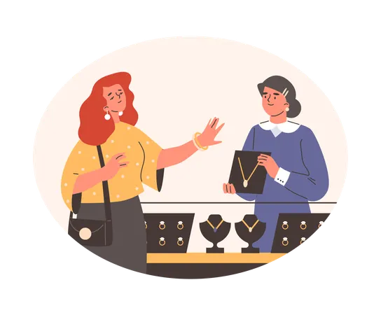 Una mujer en una joyería elige joyas mientras el cajero está frente al mostrador con cadenas de lujo.  Illustration