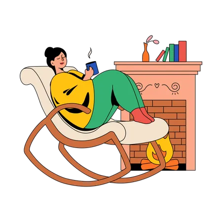 Mujer en una mecedora y una chimenea  Ilustración