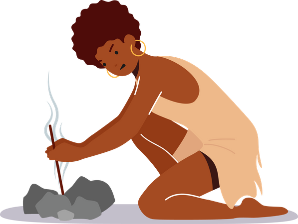 Mujer iniciando fuego con la fricción de los palos.  Ilustración