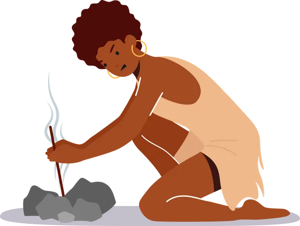 Mujer iniciando fuego con la fricción de los palos.  Ilustración