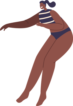 Mujer enérgica salta con gracia en traje de baño bikini  Ilustración