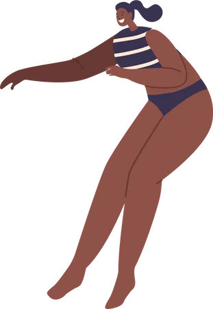 Una Energica Mujer Negra Salta Con Gracia En Traje De Bano Bikini Capturando La Esencia De La Libertad Y La Alegria En Un Salto Dinamico En El Aire Personaje Femenino Africano Aislado Ilustracion De Vector De Personas De Dibujos Animados Ilustración