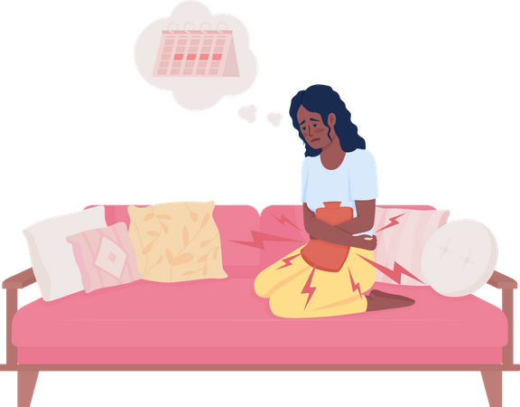 Mujer enferma aliviando los calambres menstruales con una almohadilla térmica  Ilustración