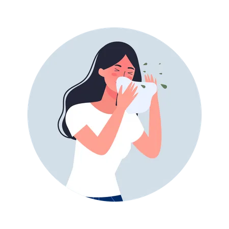 Mujer enferma con secreción nasal  Ilustración