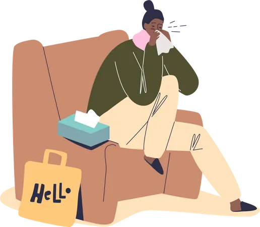 Mujer enferma con frío estornudando en un pañuelo sentada en un sillón en casa  Ilustración