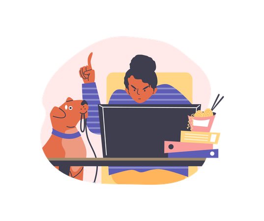 Mujer enojada haciendo trabajo remoto desde casa con mascota  Ilustración