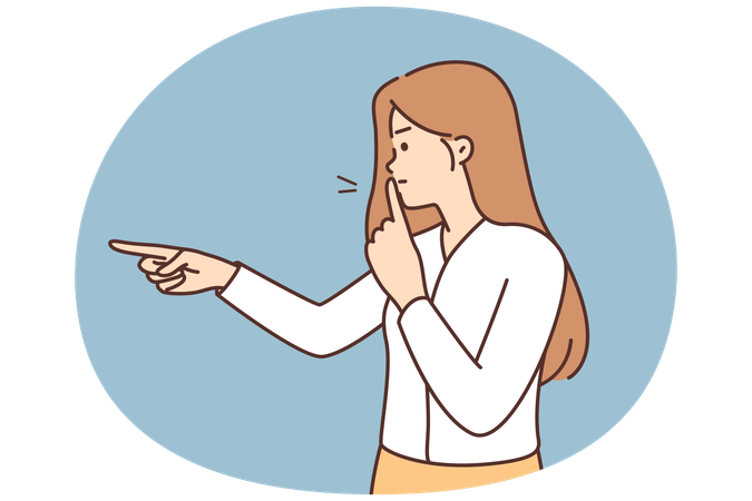Mujer enojada se pone el dedo sobre los labios para pedir silencio y no hacer ruido durante una reunión importante  Ilustración