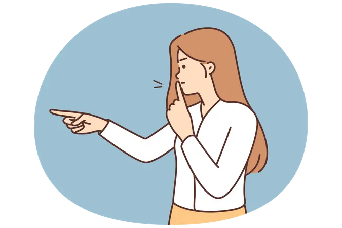 Mujer enojada se pone el dedo sobre los labios para pedir silencio y no hacer ruido durante una reunión importante  Ilustración