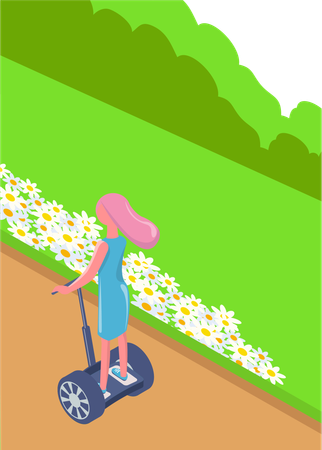 Mujer entrega productos en segway  Ilustración