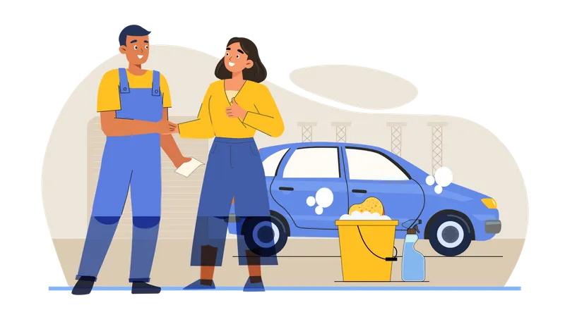 Mujer dando coche a limpiador  Ilustración