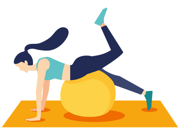 Mujer, entrenamiento, en, pelota del gimnasio  Ilustración